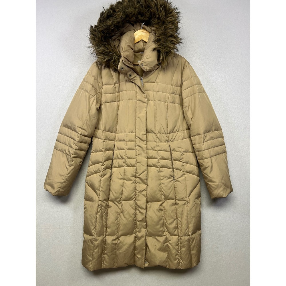 Winter Classic Calvin Klein Womens L Tan Quilted Down Faux Fur Trim Puffer Parka